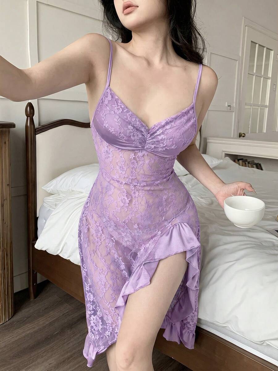 Seduluxe 性感蕾絲細肩帶女款睡裙 - 淡紫色 - 查看 1