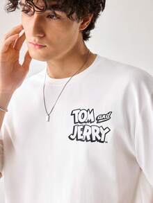 Strevion TOM & JERRY Men's Casual Versatile Simple Cat & Mouse Coconut Tree Print Short Sleeve T-Shirt - White - View 6