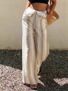 DAZY Women's Folded Waist White Loose Wide Leg Long Pants Beach Autumn Boho Casual Vacation - Khaki - View 6