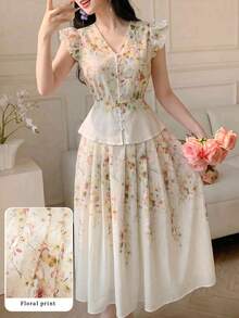 Modelyn Bộ 2 món nữ phong cách Pháp, áo tay cánh dơi bèo nhún họa tiết hoa & chân váy xòe cạp cao, phong cách đi du lịch - Màu vàng - Xem 4