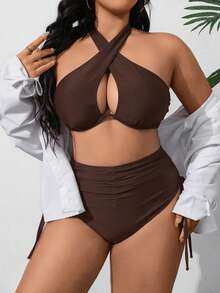 Swim SXY Plus Size Women 2-Piece Solid Color Underwire High Waist Triangle Bikini Set, Ruched Fashion Casual Swimsuit - Brown - View 5