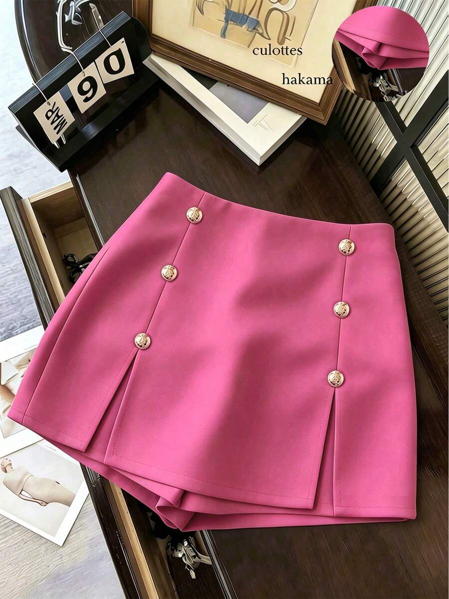 Franclia Women's Solid Color Metal Button Design Split Hem Skorts - Hot Pink - View 1