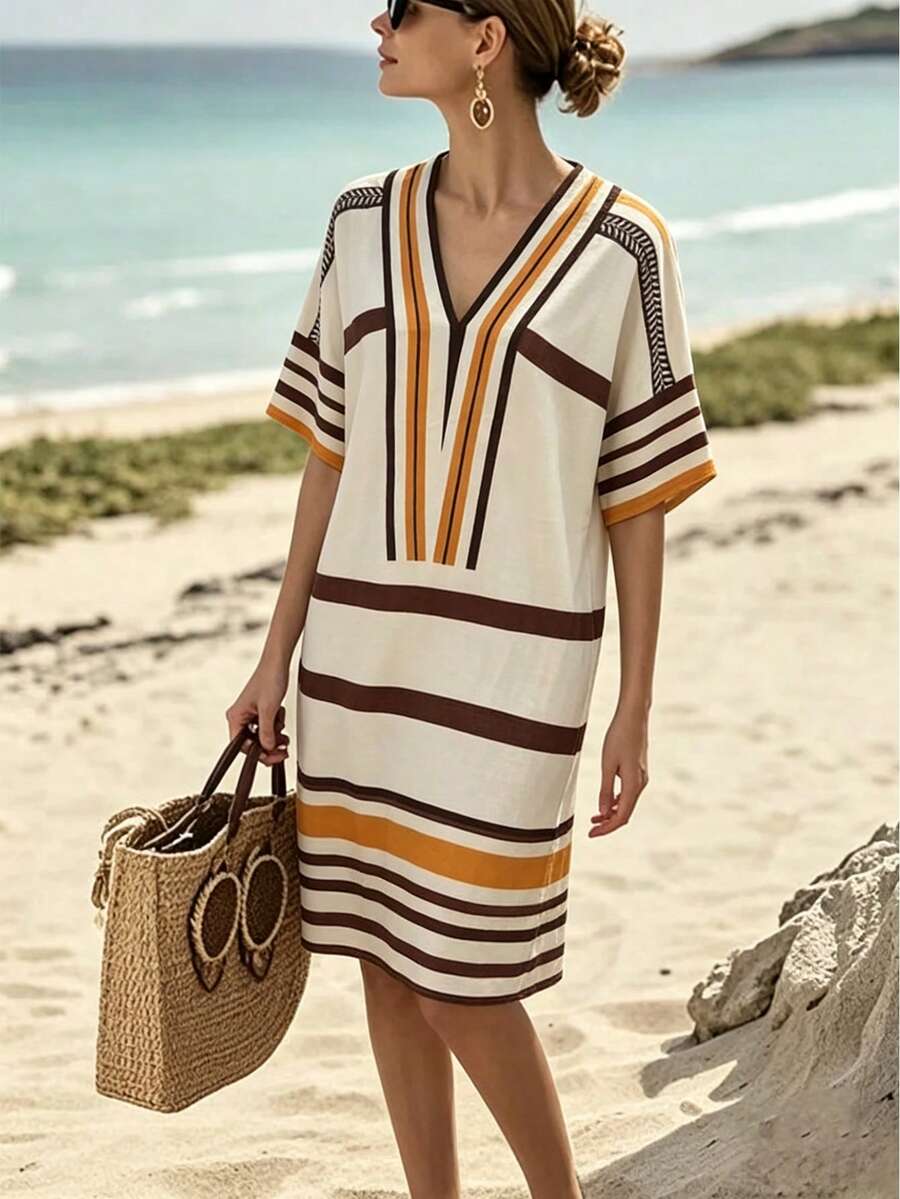 SHEIN Holidaya 女士波西米亚风印花V领长裙,宽松版型,适合度假、海滩、派对、休闲度假:海滩、海岛、泳池派对、海滨旅行。/波西米亚主题:音乐节、艺术市集、活动。日常休闲穿着:购物、下午茶、周末郊游、短途旅行 - 杏色 - 查看 1