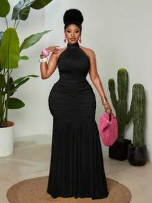 Maweii Rochie de vară din material tricotat elastic, cu guler halter, talie cu fundă, volane și patchwork din plasă, fără mâneci, ținută de petrecere, stil elegant și sofisticat - Negru - Vizualizare 4