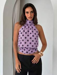 Aloruh Women's Elegant Sexy Round Neck Tie-Up Halter Purple Polka Dot Print Top Night Out Summer - Lilac Purple - View 3