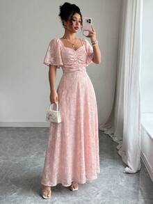Modelyn Pink Cut-Out Batwing Sleeve Ruched Summer Sweet French Style Midi Dress For Women - Pink - View 7