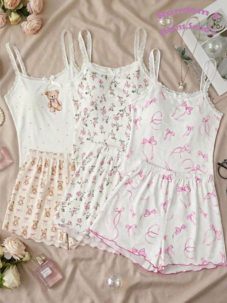 SHEIN Tween Girl Simple Floral Pattern Ribbon Bow Lace Trim Camisole Tank Top And Shorts Comfortable Casual Pink Slim Fit Pajama Set 2pcs - Multicolor - View 1