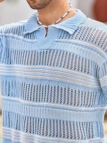 Mercer Haus YONGC Men's Fashionable Lightweight Hollow Striped Knit Polo Shirt, Breathable Short Sleeve Versatile Knit Top, Casual & Comfortable Wear For Men In Spring/Summer - Baby Blue - View 8