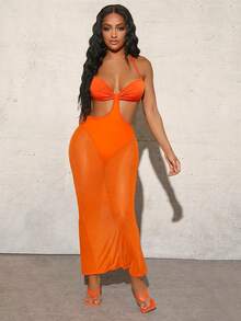 SHEIN SXY Vestido de malla halter con bragas interior bajo con abertura de espalda abierta con cordón de busto con fruncido - Naranja - Ver 3