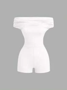 Sweetra 春夏三穿法不對稱肩掛脖式修身連身短褲，休閒百搭居家服 - 白色 - 查看 5
