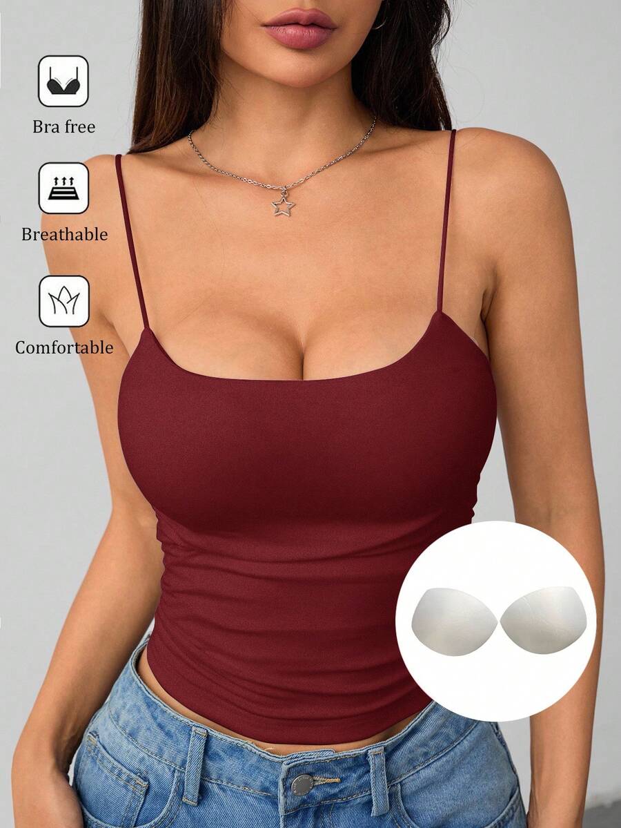 SHEIN PETITE 女款白色緊身圓領透氣基本款背心上衣,免內衣背心上衣,適合嬌小女性 - 酒紅色 - 查看 1