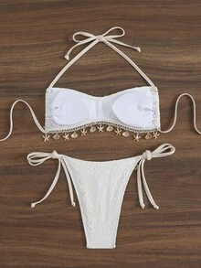 Swim Mod 女款夏季海灘度假紋理面料貝殼裝飾掛脖綁背性感比基尼套裝 - 杏色 - 查看 2