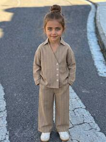 Hapijoa Asymmetric Lapel Design Shirt Casual Set + Straight Leg Pants Young Girls Shirt Set Fall - Khaki - View 6
