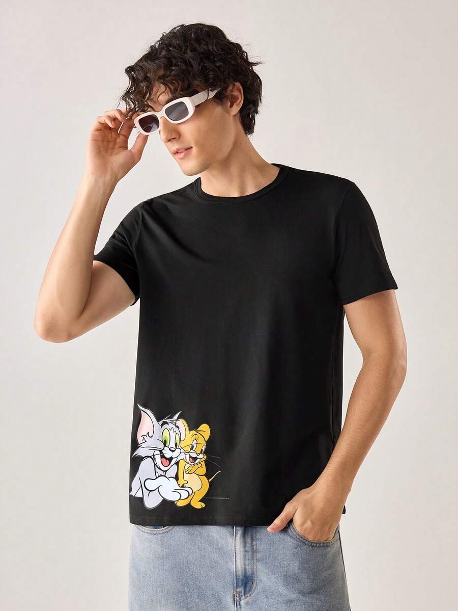 Strevion TOM & JERRY 男士极简猫鼠图案印花圆领短袖T恤,夏季款 - 黑色 - 查看 1