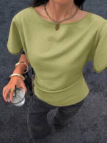 Siren Gaze Women's Textured Solid Color Casual Cinched Waist Pleated Short Sleeve Shirt - Mustard Yellow - View 7