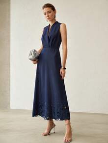 MOTF PREMIUM SPRING/SUMMER ELEGANT V-NECK EMBROIDERED RHINESTONE A-LINE DRESS DINNER DATE NAVY BLUE - Blue - View 4