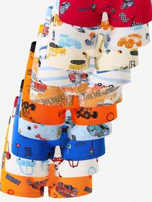 SHEIN Ropa interior para niño escolar, bóxers tipo brief de algodón cómodo y lindo, multicolor, con estampado aleatorio de coche, excavadora y coche de carreras, 5 piezas - Multicolor - Ver 6