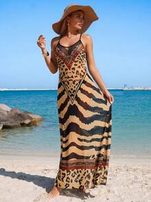 Swim Lushoire 26SS Spring/Summer Vacation Turquoise Print Backless Beaded Maxi Dress Cover-Up For Women Beach Sexy - Multicolor - View 6