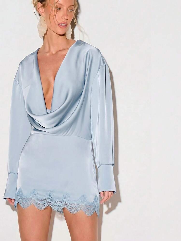 Satin Cowl Neck Mini Dress With Lace Trim