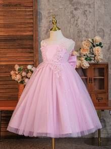 SHEIN Glamorique Kids 女孩粉色冬季婚禮生日派對花童公主禮服，薄紗亮片刺繡花卉設計 - 淺粉色 - 查看 4