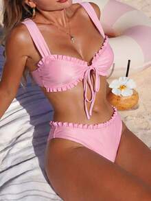 Swim Mod Girls Sweet 2pcs Floral Random Print Wide Strap Tie-Front Triangle Bikini Swimsuit Set - Pink - View 1