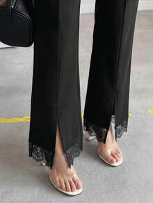 Editum 女款優雅黑色蕾絲拼接彈性高腰緊身褲，適合通勤、辦公室晚裝，可搭配多款上衣，百搭喇叭褲高腰女褲蕾絲飾邊蕾絲褲女款喇叭褲蕾絲褲冬季 - 黑色 - 查看 5