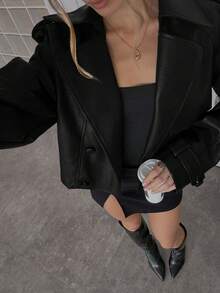 SHEIN BAE 女款素色翻領長袖雙排扣風衣外套 - 黑色 - 查看 8