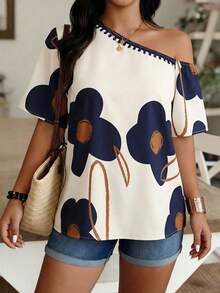 Louniche Off-Shoulder Floral Print Top, Beige & Navy Color Block Casual Blouse For Daily & Vacation - Multicolor - View 5