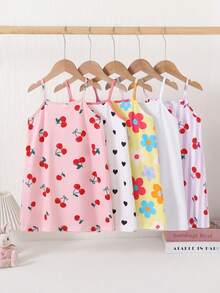 [5pcs Randomly Sent 1pc]Young Girl 1pc Pink Comfortable Sweet Cute Printed Knit Strappy Dress - Multicolor - View 1