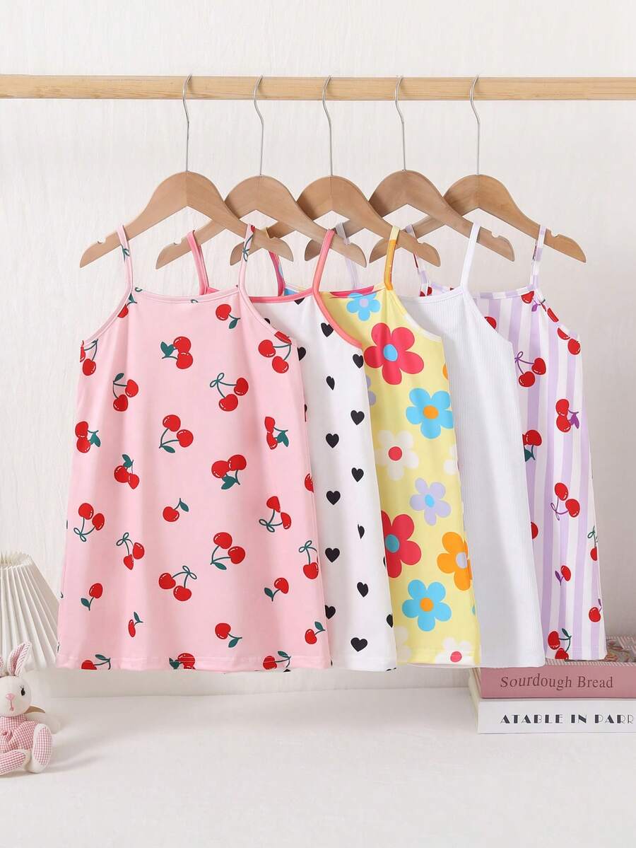 [5pcs Randomly Sent 1pc]Young Girl 1pc Pink Comfortable Sweet Cute Printed Knit Strappy Dress - Multicolor - View 1