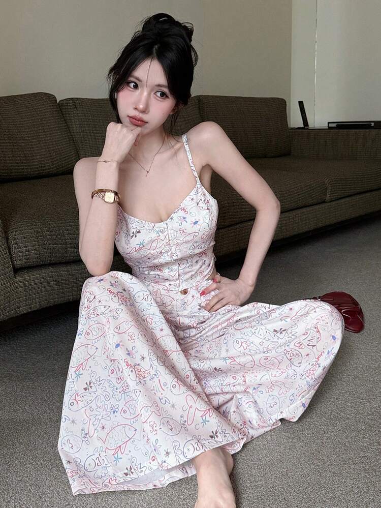 Spring Summer Ditsy Floral All-Over Pattern Casual Camisole & Straight Leg Wide Leg Pants Set, Music Festival Spicy Girl Vacation Style Women 2-Piece Set
