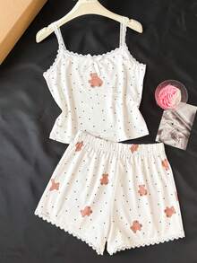 SHEIN Dozemod Kids Tween Girl Simple Floral Pattern Ribbon Bow Lace Trim Camisole Top And Shorts Black And White Polka Dot Slim Fit Pajama Set 2pcs Sleeping - White - View 1