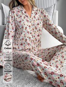 SHEIN 女款 2 件組 白色杏色鈕扣前開花卉圖案可愛家居睡衣套裝 - 杏色 - 查看 7