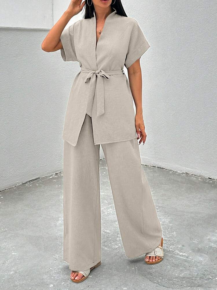 EURMUSE 2pcs Solid Color Waistband Short Sleeve Top And Long Pants Elegant Set - Beige - View 6
