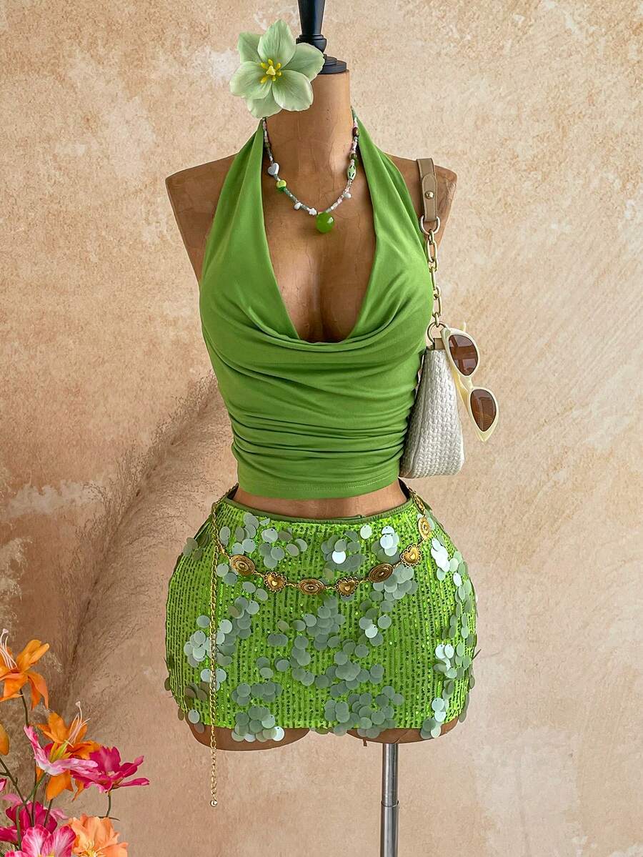 Soleia Pink Sequin Vacation Women's 2 Pieces Set,No Breast Pads - Green - View 1