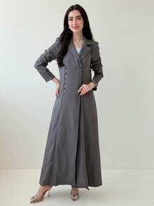 Yasmeen Edit Yasmeen Edit 女式条纹翻领长袖双排扣休闲阿拉伯长袍夹克 - 深灰色 - 查看 1