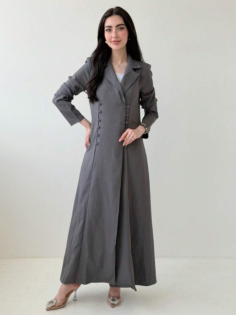 Yasmeen Edit Yasmeen Edit 女式条纹翻领长袖双排扣休闲阿拉伯长袍夹克 - 深灰色 - 查看 1