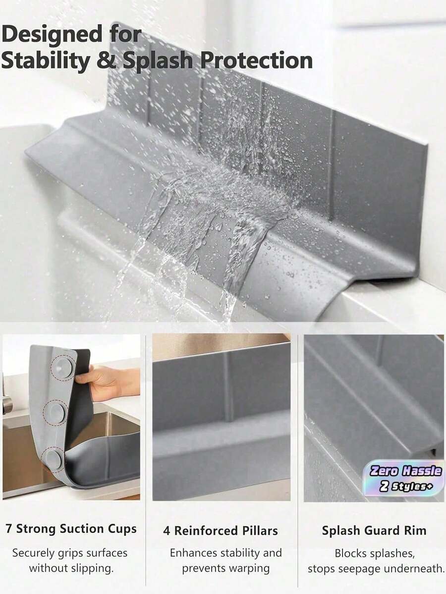 1pc Upgraded Leak-Proof & Splash-Proof Edge Design Premium Silicone Sink Splash Guard For Kitchen & Bathroom Non-Slip Suction Base For Firm Grip - View 1