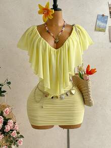Soleia New Romantic V-Neck Ruffle Low Waist Ruched Slim Fit Bodycon Mini Skirt Women's 2-Piece Set For Beach, Cruise, Holiday, Date, Afternoon Tea, Vacation, Music Festival, Bohemian, Summer, All Season Wear - Light Yellow - View 3