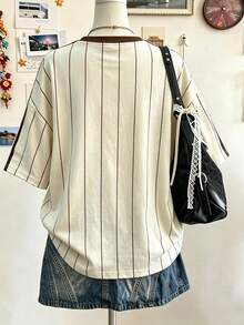 Lalippa Letter Pattern Vertical Stripe Print Fashionable Minimalist Oversized Mid-Length Round Neck Drop Shoulder Women's T-Shirt Friend's Gift - Multicolor - View 2