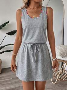 SHEIN LUNE 95%純棉休閒極簡街頭風純棉黑色短款2合1洋裝，女款夏季洋裝 - 淺灰色 - 查看 2