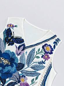 SHEIN Franclia 休閒百搭時尚優雅戶外通勤夏季旅行出遊派對深藍色蝴蝶花卉珍珠印花V領無袖女款背心上衣 - 彩色 - 查看 4