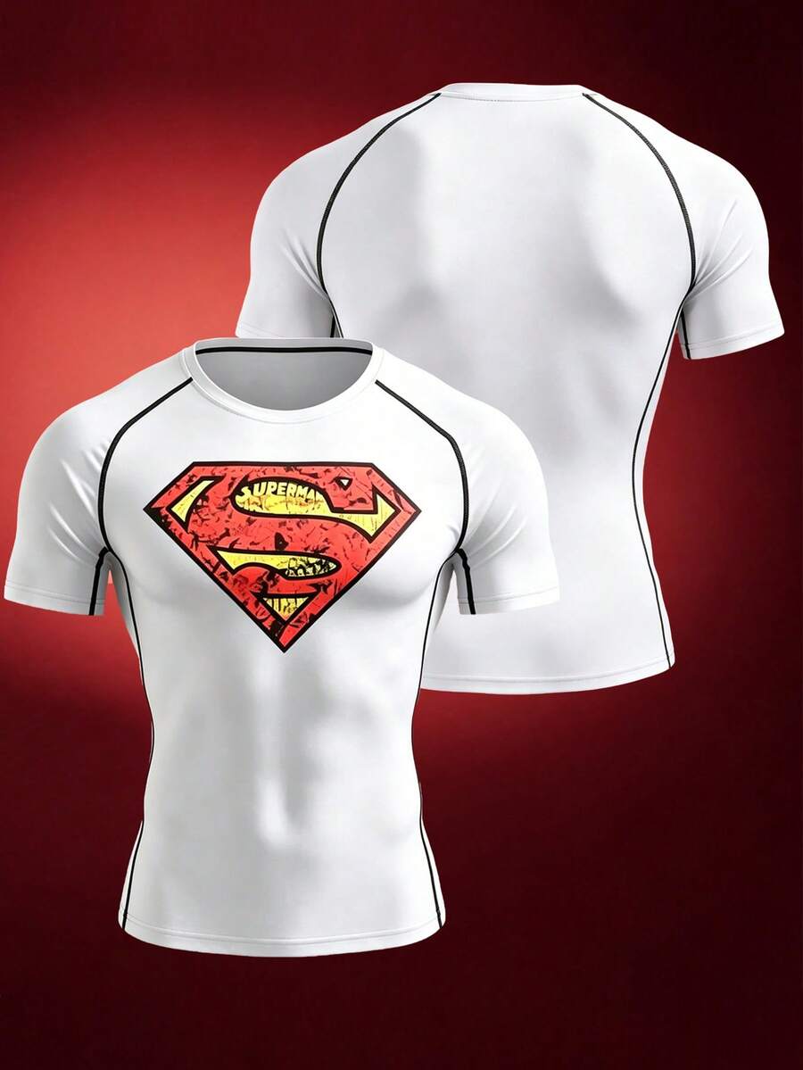 SUPERMAN X SHEIN Gym Rark Men's Contrast Color Print Striped Crew Neck Short Sleeve Sports T-Shirt, Gym, Holiday - White - View 1