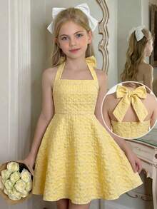 SHEIN Pitira Vestido Elegante Halter com Laço em Jacquard Amarelo para Meninas Pré-Adolescentes - Amarelo - Visão 2