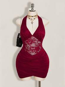 SHEIN ICON Plus Size V-Neck Halter Backless Waist Hollow Lace Patchwork Bodycon Dress - Burgundy - View 1