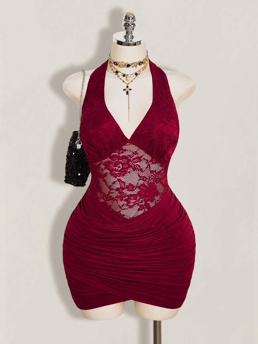 SHEIN ICON Plus Size V-Neck Halter Backless Waist Hollow Lace Patchwork Bodycon Dress - Burgundy - View 1