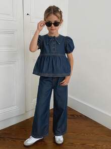 Hapijoa Young Girl Short Puff Sleeve Bow Decor Top And Pants Denim Set Fall - Navy Blue - View 4