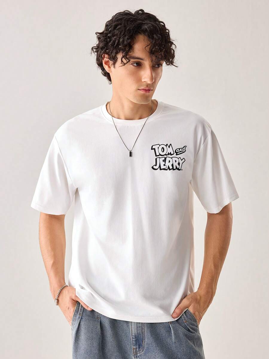 Strevion TOM & JERRY Men's Casual Versatile Simple Cat & Mouse Coconut Tree Print Short Sleeve T-Shirt - White - View 1