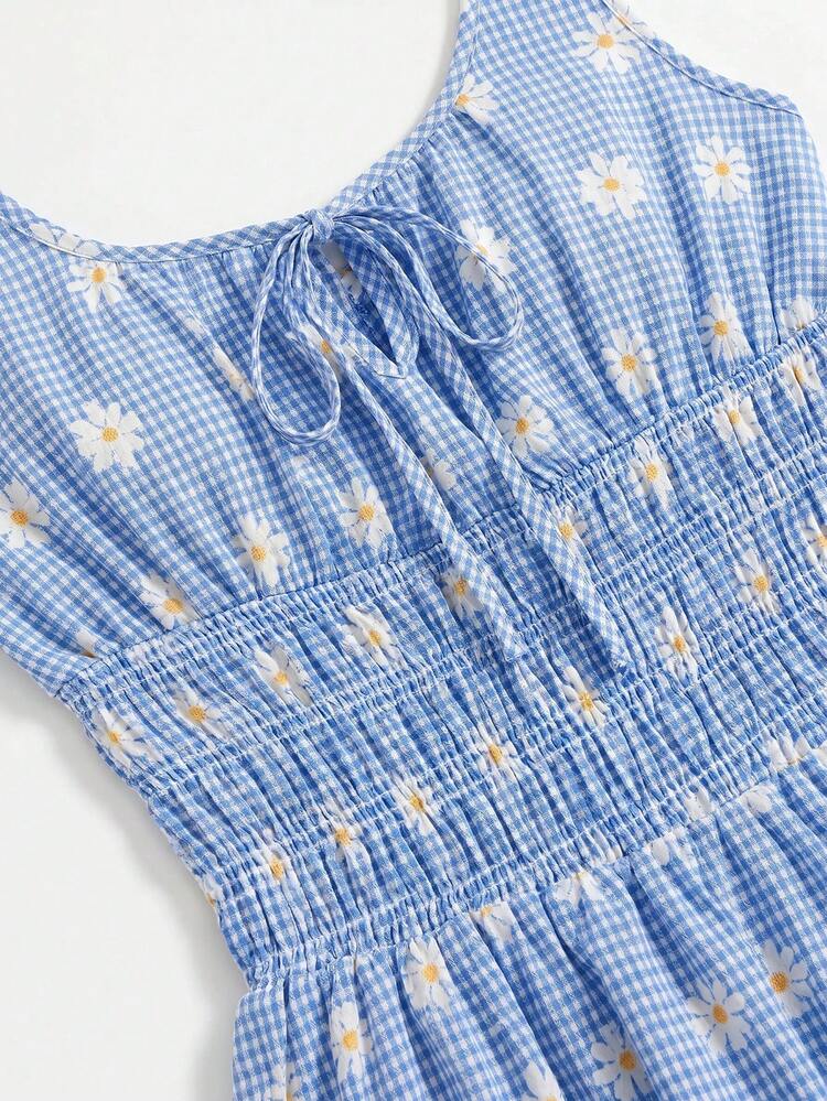 Romantic Blue Gingham Floral Mini Dress Cottagecore Dress Summer Holiday Casual French Style Dress