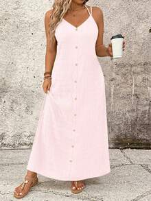 SHEIN LUNE Women's Plus Size Solid Color Spaghetti Strap Vacation Style Dress - Pink - View 4